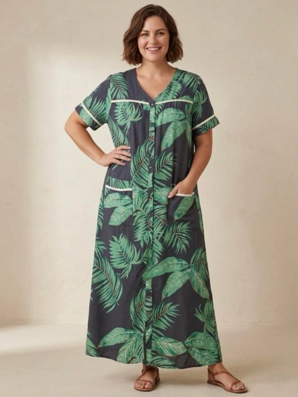 Ekouaer Palm Leaf Lounge Maxi Dress in Green and Charcoal